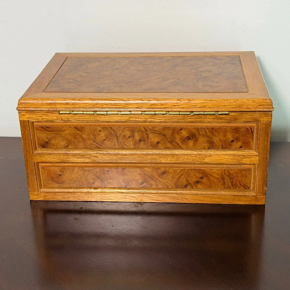 Vintage Burl Wood Jewelry Box Mirror Top Drawer Velvet Lined Trinket Organizer